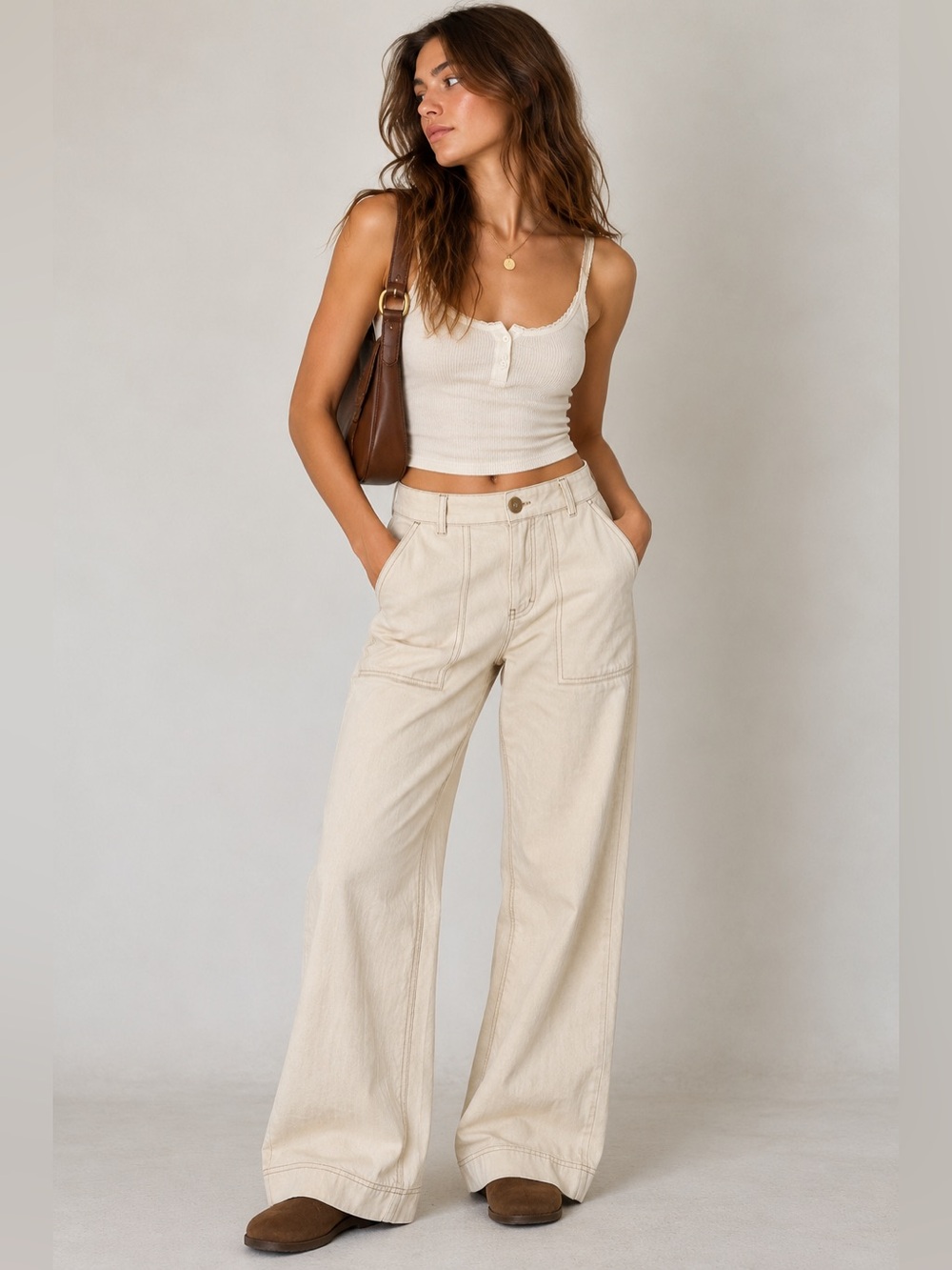 Free People Cream Wide Leg Utility Pants Size 2 D Ring Back